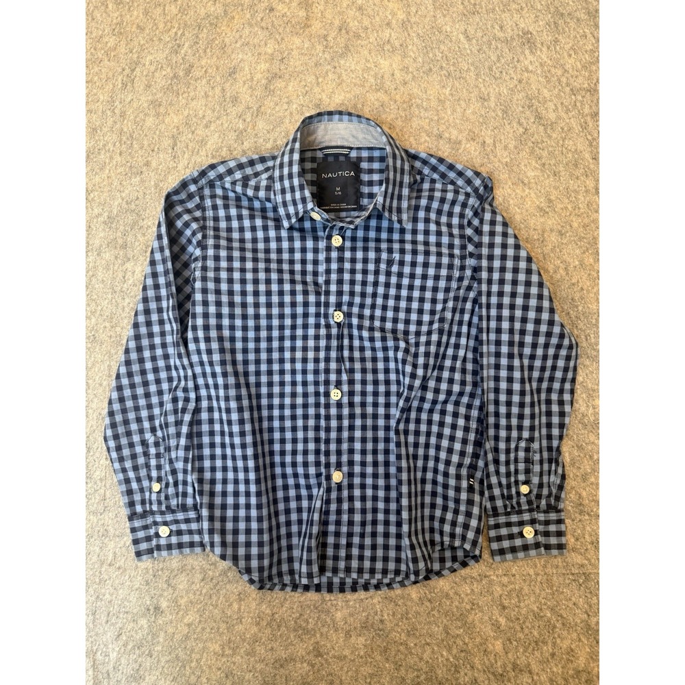 Nautica Boys M 5/6 Blue Gingham Check Button Down Shirt Preppy Long Sleeve